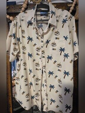 Men's Short-Sleeve Tropical Skull & Palm Button-Down Shirt - Cream/Blue